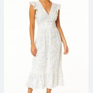 Blue Floral Cotton Midi Dress Lace Detail Pockets Button Front Zipper Closure XS